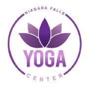 A purple and white logo for the niagara falls yoga center.